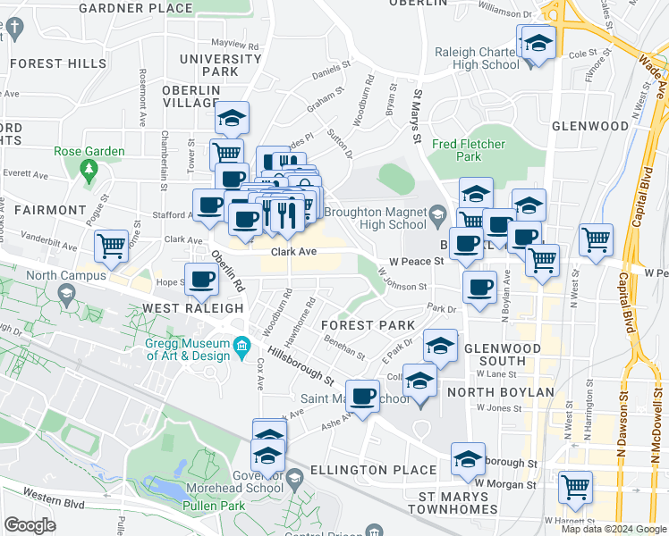 map of restaurants, bars, coffee shops, grocery stores, and more near 1622 Park Dr in Raleigh