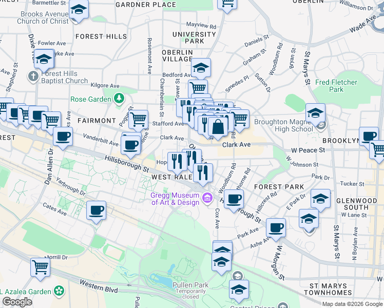 map of restaurants, bars, coffee shops, grocery stores, and more near 307 Oberlin Road in Raleigh