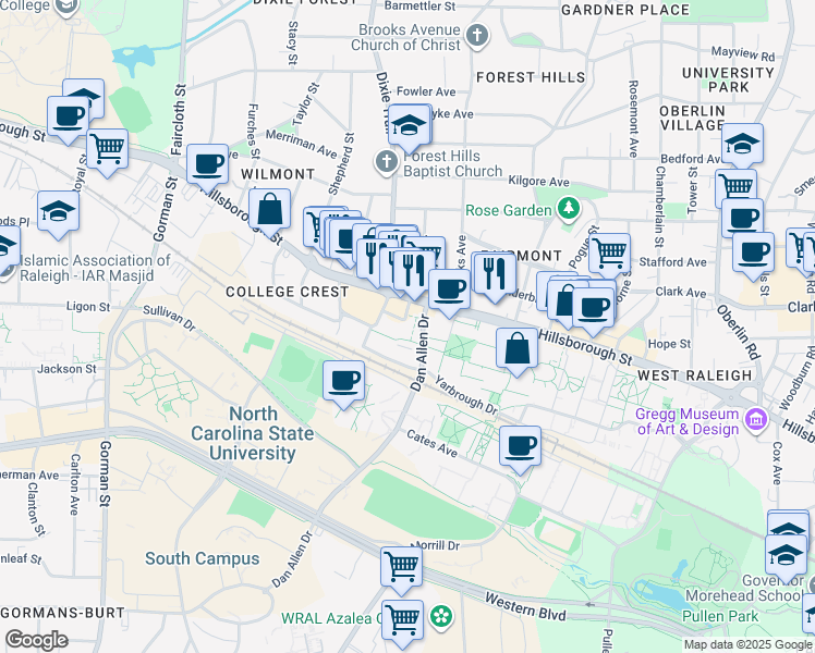 map of restaurants, bars, coffee shops, grocery stores, and more near 111 Friendly Drive in Raleigh