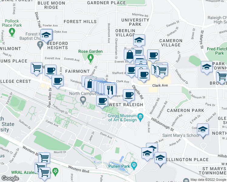 map of restaurants, bars, coffee shops, grocery stores, and more near 106 Logan Court in Raleigh