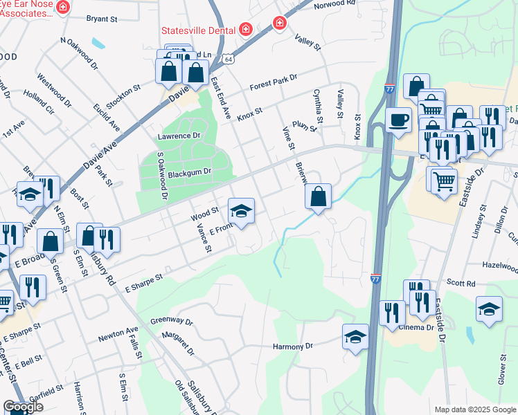 map of restaurants, bars, coffee shops, grocery stores, and more near 212 East End Avenue in Statesville