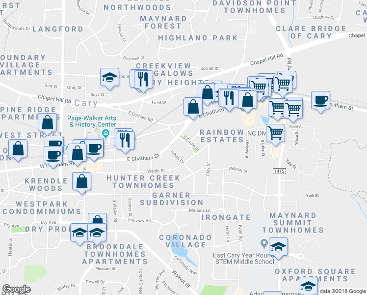 map of restaurants, bars, coffee shops, grocery stores, and more near 410 East Chatham Street in Cary