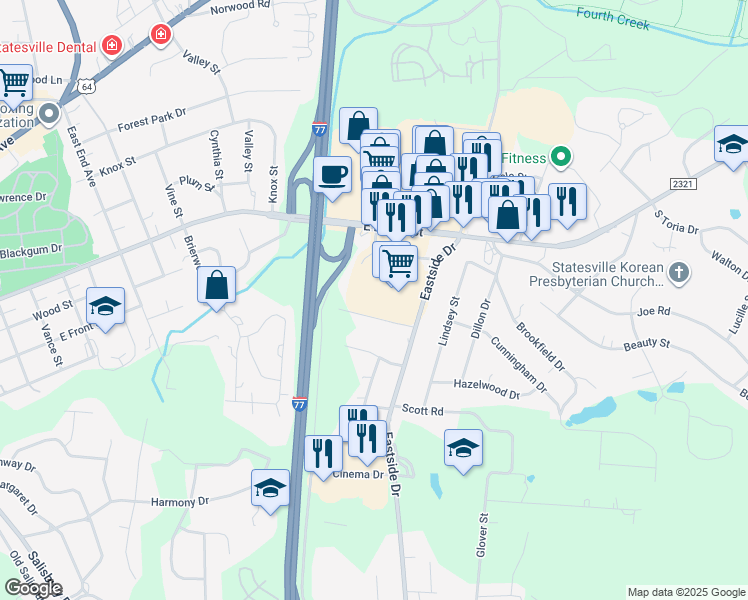 map of restaurants, bars, coffee shops, grocery stores, and more near 1530 East Broad Street in Statesville