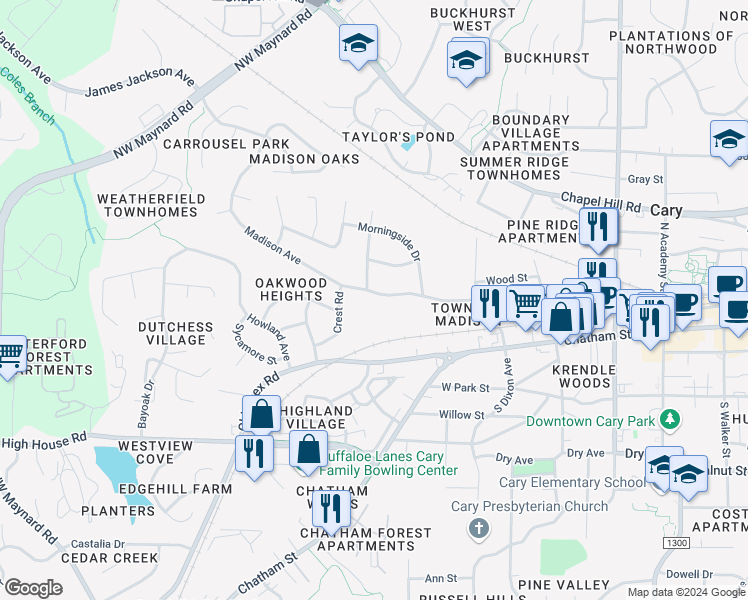 map of restaurants, bars, coffee shops, grocery stores, and more near 523 Madison Avenue in Cary