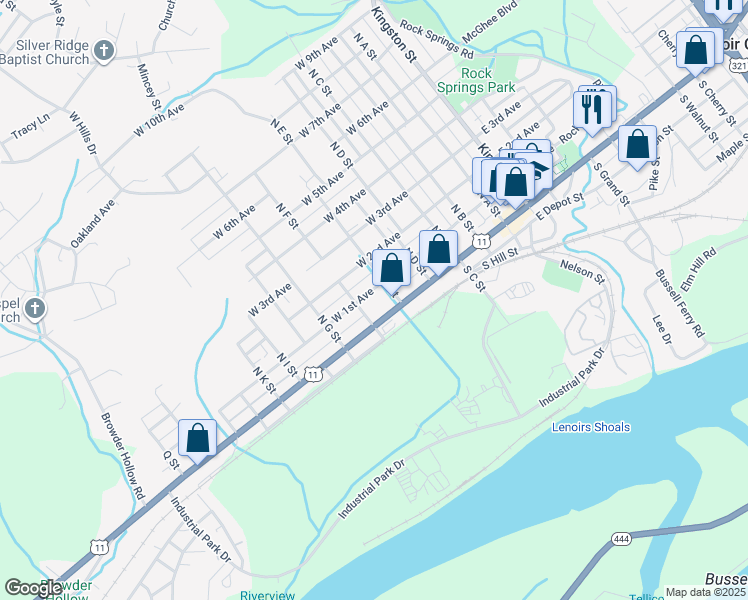 map of restaurants, bars, coffee shops, grocery stores, and more near 508 W 1st Ave in Lenoir City