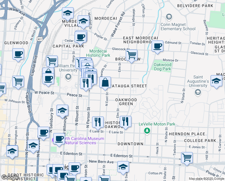 map of restaurants, bars, coffee shops, grocery stores, and more near 618 North East Street in Raleigh