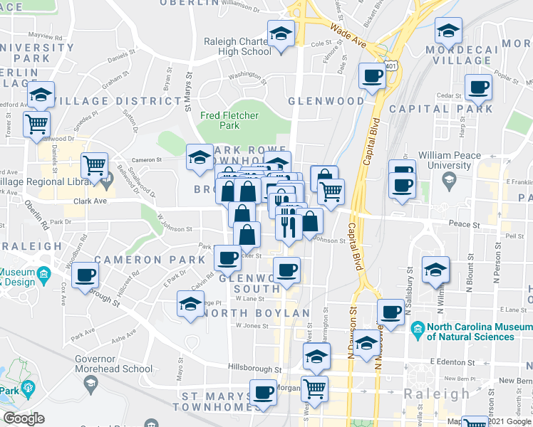 map of restaurants, bars, coffee shops, grocery stores, and more near in Raleigh