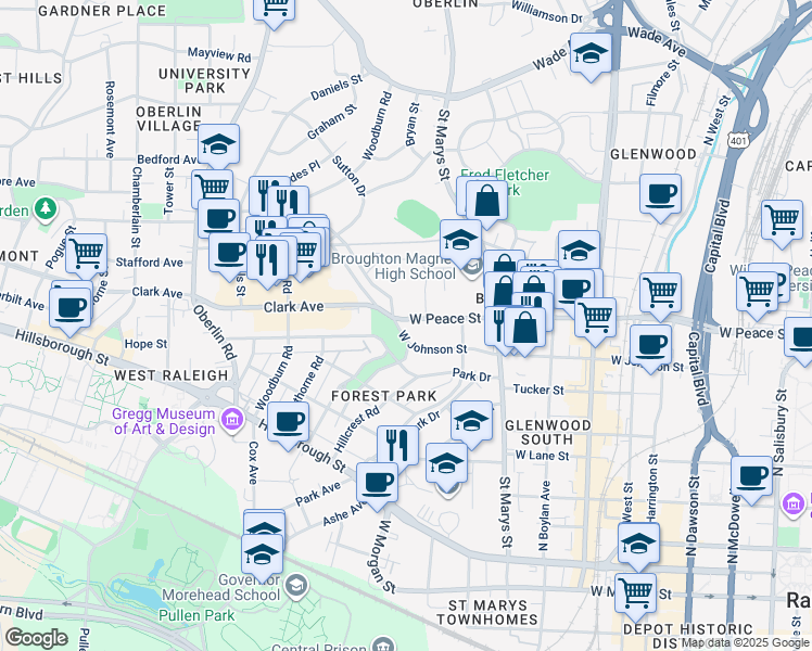 map of restaurants, bars, coffee shops, grocery stores, and more near 1015 West Peace Street in Raleigh