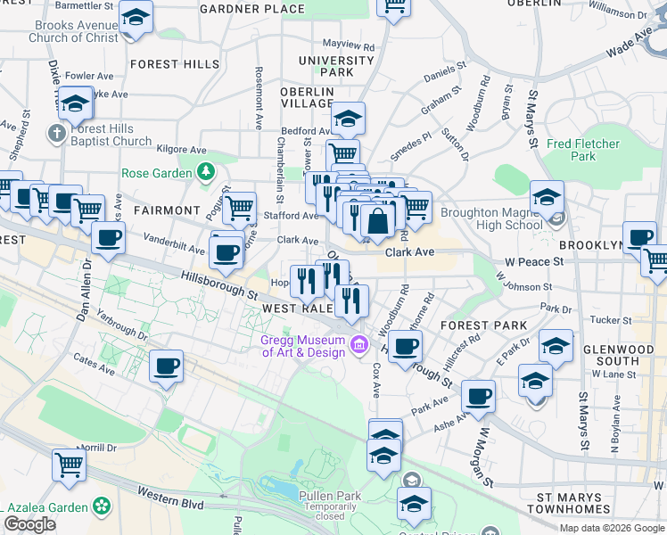 map of restaurants, bars, coffee shops, grocery stores, and more near 307 Oberlin Road in Raleigh