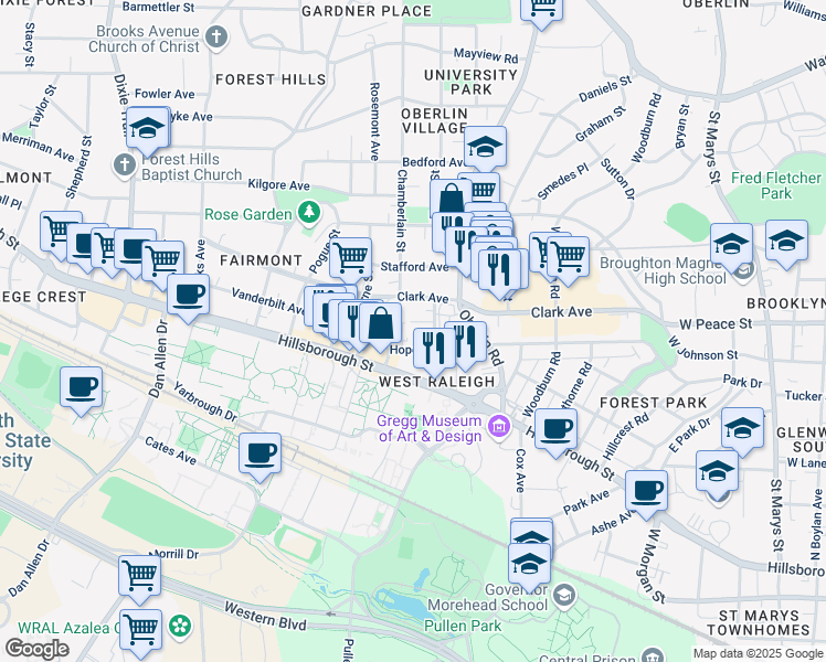 map of restaurants, bars, coffee shops, grocery stores, and more near 2205 Garden Place in Raleigh