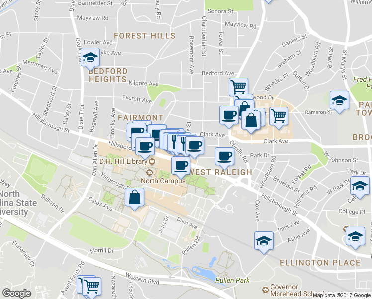 map of restaurants, bars, coffee shops, grocery stores, and more near 18 Horne Street in Raleigh
