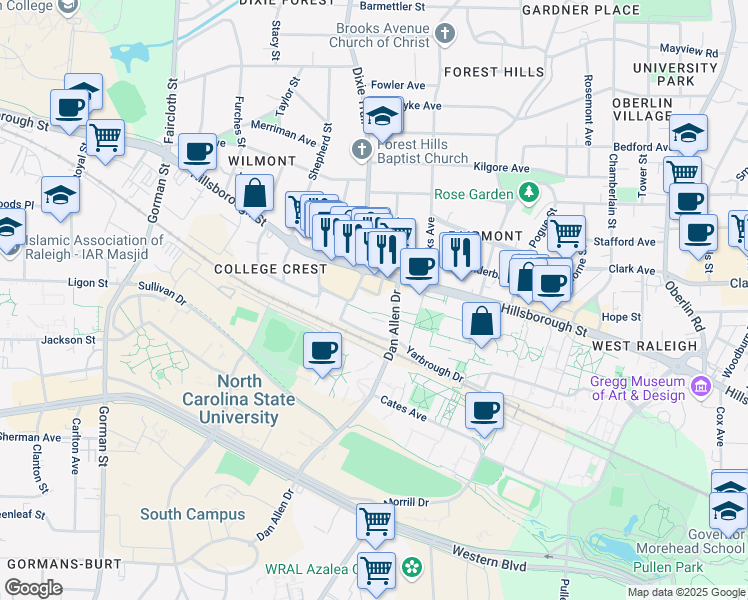 map of restaurants, bars, coffee shops, grocery stores, and more near 111 Friendly Drive in Raleigh