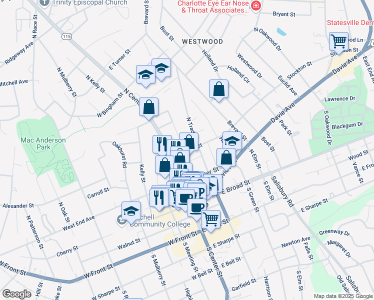 map of restaurants, bars, coffee shops, grocery stores, and more near 118 Stockton Street in Statesville