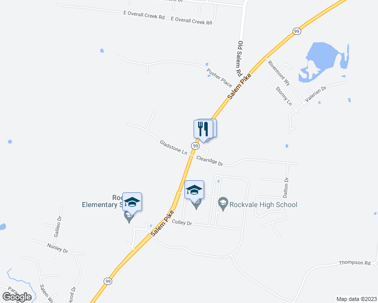map of restaurants, bars, coffee shops, grocery stores, and more near 6009 Gladstone Lane in Rockvale