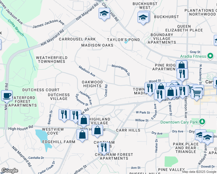 map of restaurants, bars, coffee shops, grocery stores, and more near 208 Crest Rd in Cary