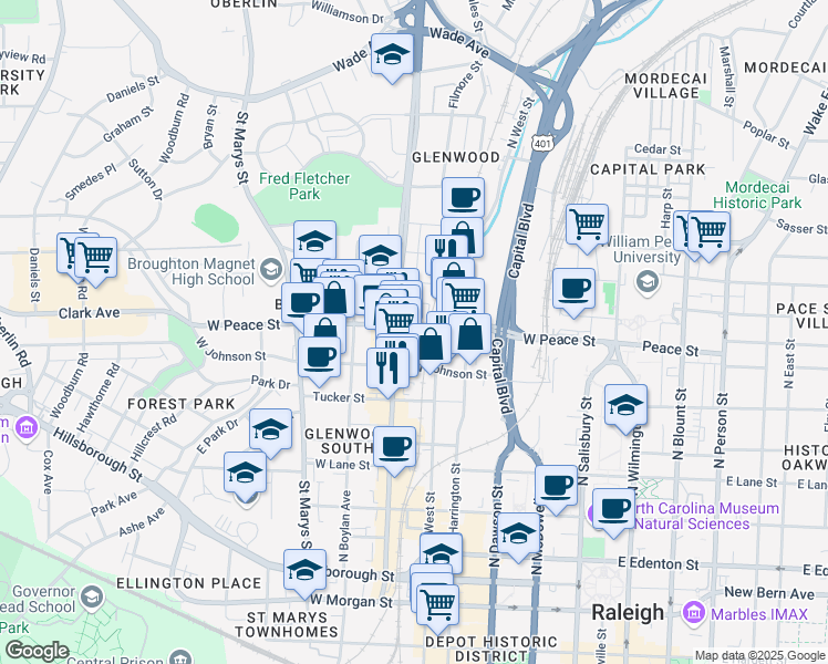 map of restaurants, bars, coffee shops, grocery stores, and more near 513 West Peace Street in Raleigh
