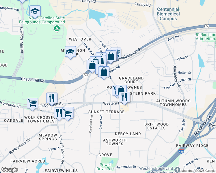 map of restaurants, bars, coffee shops, grocery stores, and more near 308 Carolina Avenue in Raleigh