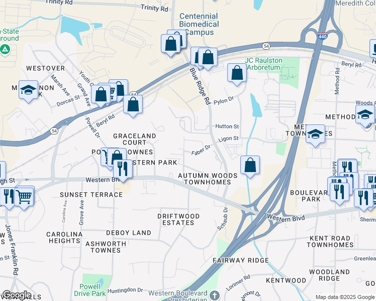 map of restaurants, bars, coffee shops, grocery stores, and more near 4930 Faber Drive in Raleigh
