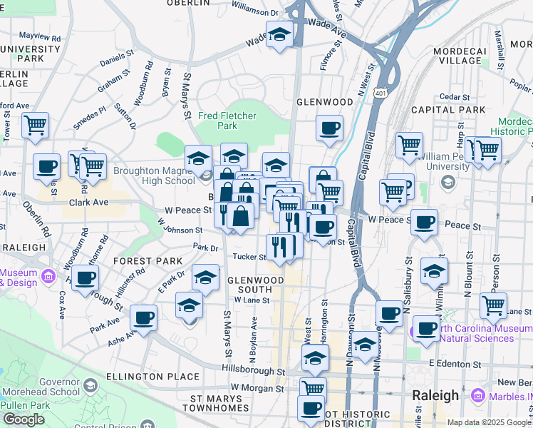 map of restaurants, bars, coffee shops, grocery stores, and more near in Raleigh