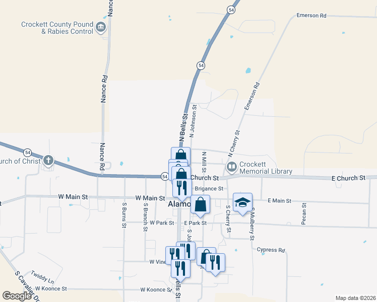 map of restaurants, bars, coffee shops, grocery stores, and more near 227 North Johnson Street in Alamo