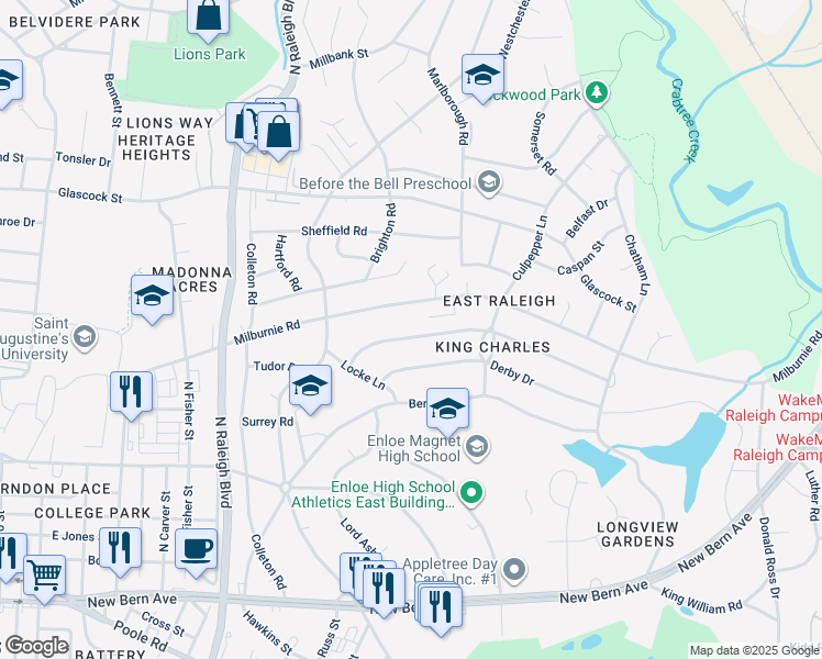 map of restaurants, bars, coffee shops, grocery stores, and more near 2343 Stevens Road in Raleigh