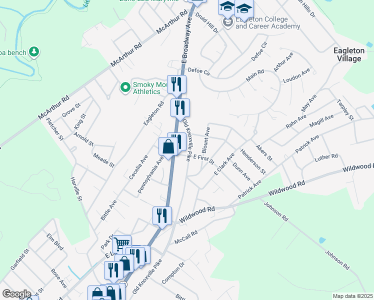 map of restaurants, bars, coffee shops, grocery stores, and more near 2505 Old Knoxville Pike in Maryville