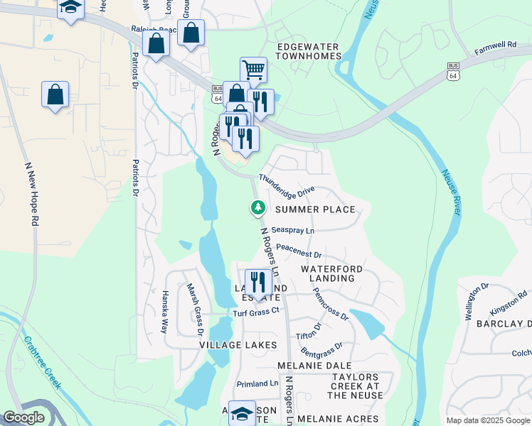 map of restaurants, bars, coffee shops, grocery stores, and more near 1009 Stormy Lane in Raleigh
