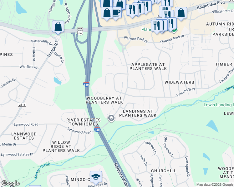 map of restaurants, bars, coffee shops, grocery stores, and more near 905 Mingo Place in Knightdale