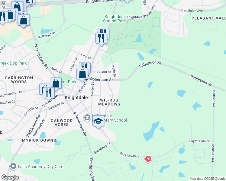 map of restaurants, bars, coffee shops, grocery stores, and more near 302 Kelley Meadows Drive in Knightdale