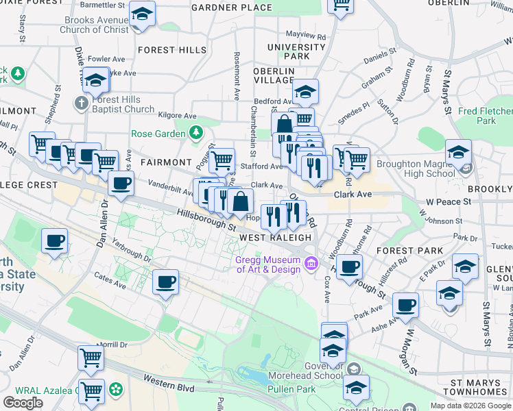 map of restaurants, bars, coffee shops, grocery stores, and more near 2205 Garden Place in Raleigh
