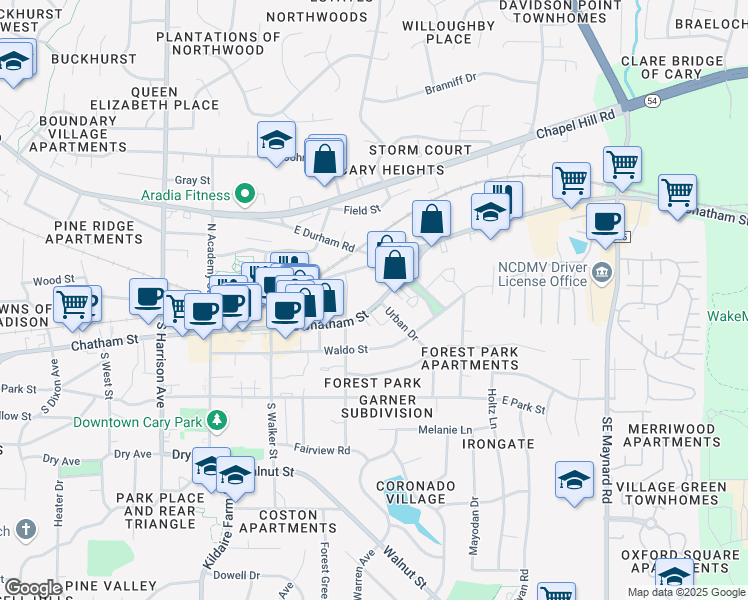 map of restaurants, bars, coffee shops, grocery stores, and more near 319 East Chatham Street in Cary
