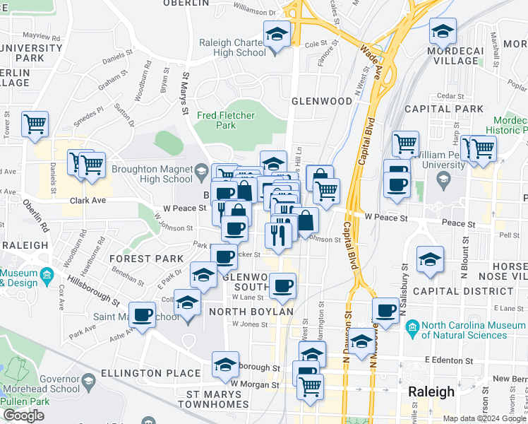 map of restaurants, bars, coffee shops, grocery stores, and more near 615 Peace Street in Raleigh