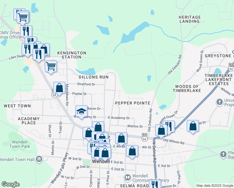 map of restaurants, bars, coffee shops, grocery stores, and more near 526 N Pine St in Wendell
