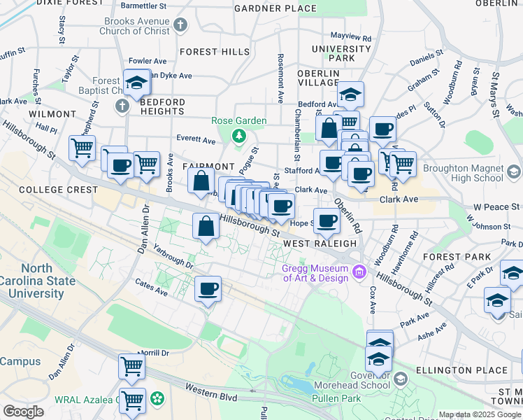 map of restaurants, bars, coffee shops, grocery stores, and more near 18 Horne Street in Raleigh
