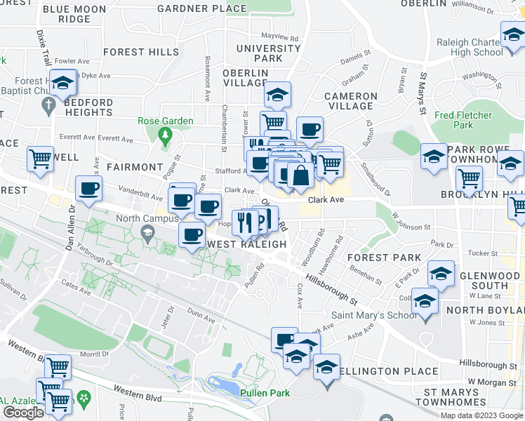 map of restaurants, bars, coffee shops, grocery stores, and more near 307 Oberlin Road in Raleigh