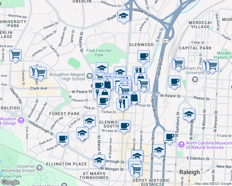 map of restaurants, bars, coffee shops, grocery stores, and more near 615 Peace Street in Raleigh