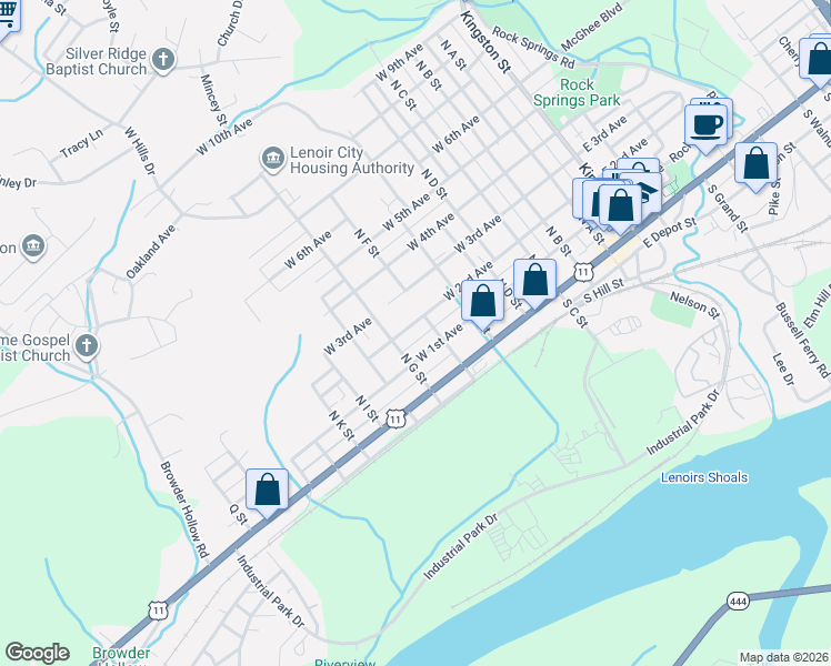 map of restaurants, bars, coffee shops, grocery stores, and more near 206 North F Street in Lenoir City