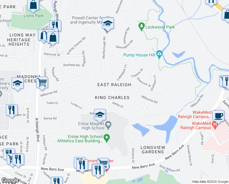map of restaurants, bars, coffee shops, grocery stores, and more near 2401 Stevens Road in Raleigh