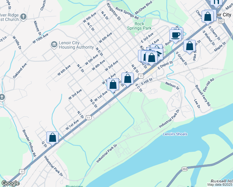 map of restaurants, bars, coffee shops, grocery stores, and more near 415b Lee Highway in Lenoir City