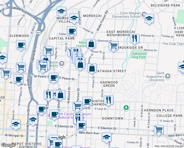 map of restaurants, bars, coffee shops, grocery stores, and more near 618 North East Street in Raleigh