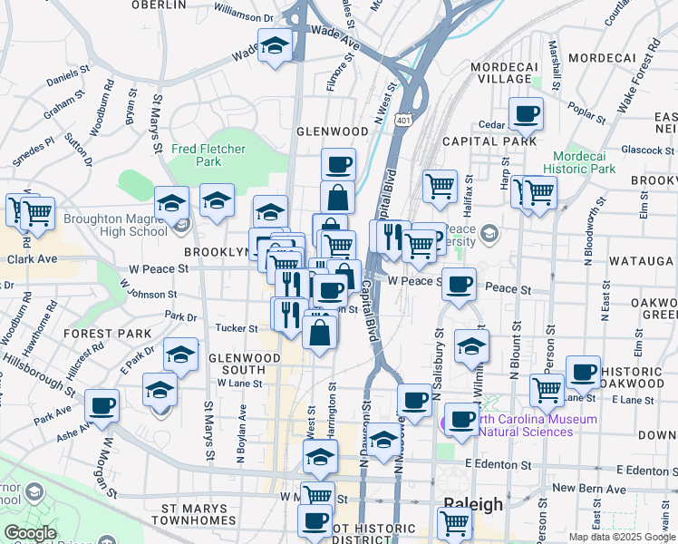 map of restaurants, bars, coffee shops, grocery stores, and more near in Raleigh