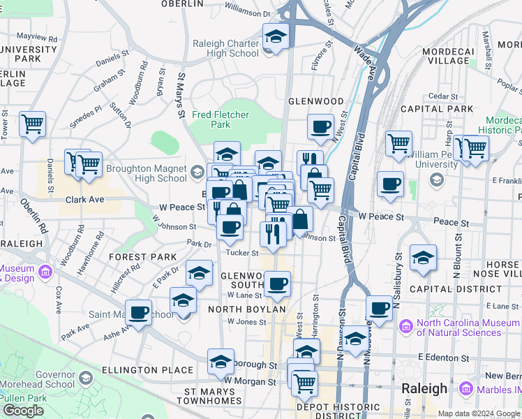 map of restaurants, bars, coffee shops, grocery stores, and more near in Raleigh