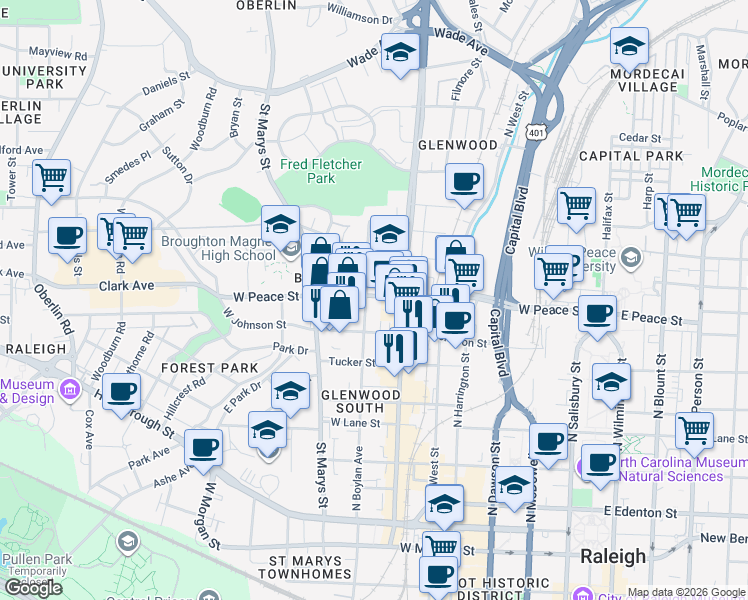 map of restaurants, bars, coffee shops, grocery stores, and more near in Raleigh