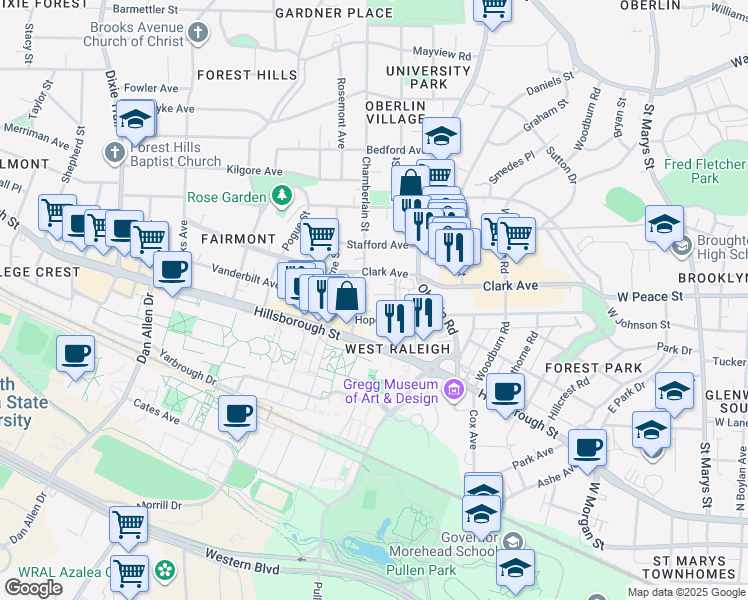 map of restaurants, bars, coffee shops, grocery stores, and more near 2205 Garden Place in Raleigh