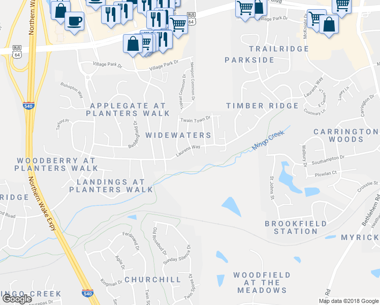 map of restaurants, bars, coffee shops, grocery stores, and more near 609 Calavaras Lane in Knightdale