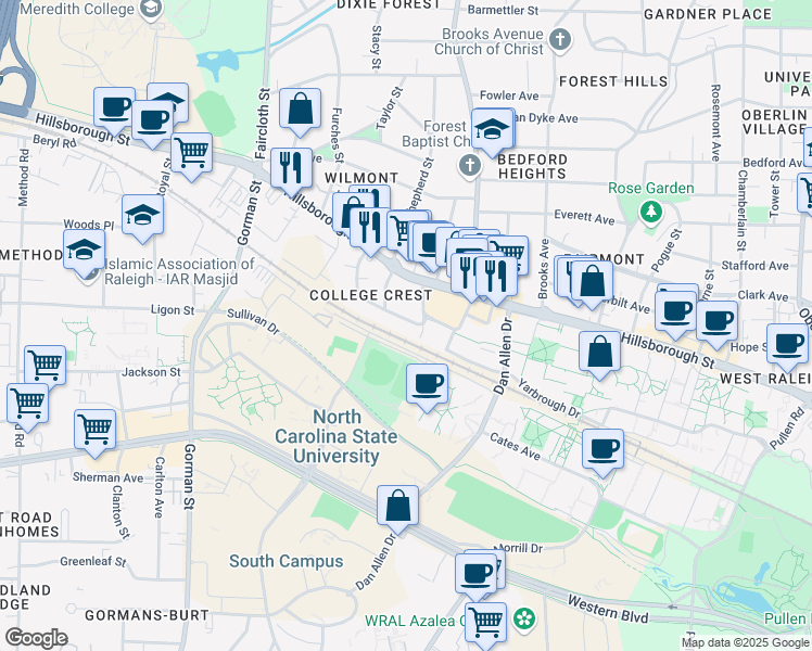 map of restaurants, bars, coffee shops, grocery stores, and more near 3101 Stanhope Avenue in Raleigh