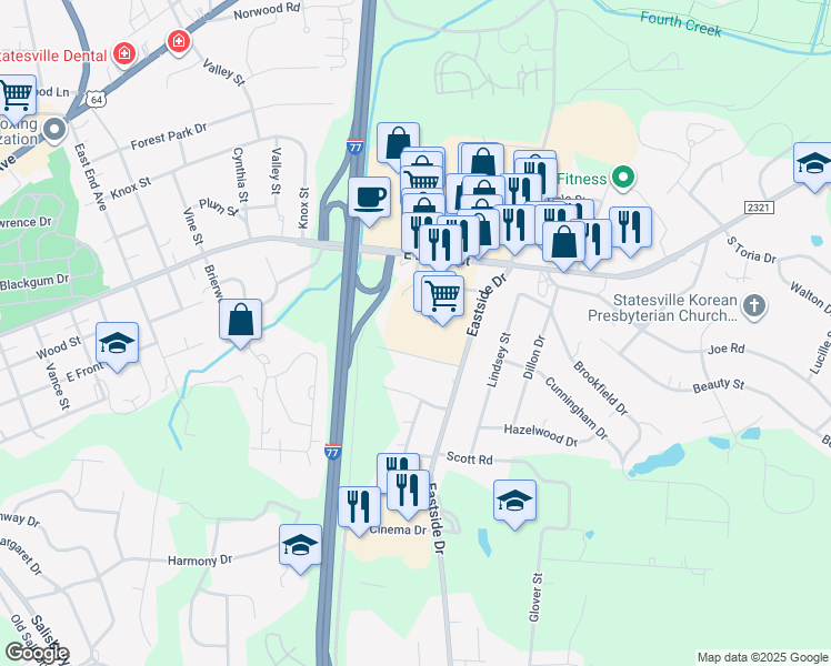 map of restaurants, bars, coffee shops, grocery stores, and more near 1530 East Broad Street in Statesville