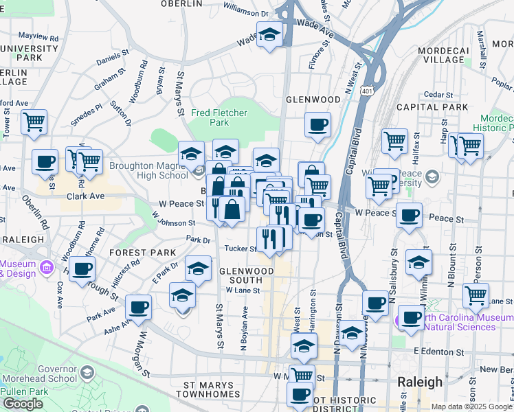 map of restaurants, bars, coffee shops, grocery stores, and more near 615 West Peace Street in Raleigh
