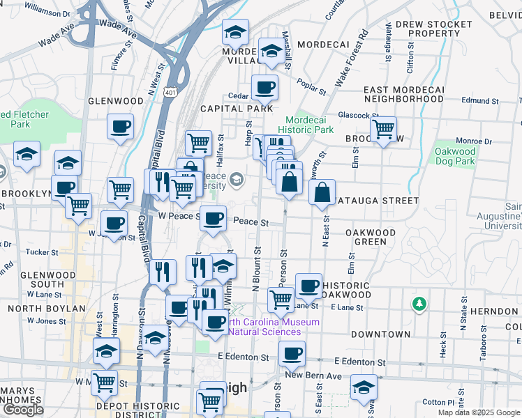 map of restaurants, bars, coffee shops, grocery stores, and more near 616 North Blount Street in Raleigh