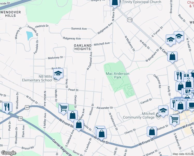 map of restaurants, bars, coffee shops, grocery stores, and more near 502 Wilson Street in Statesville